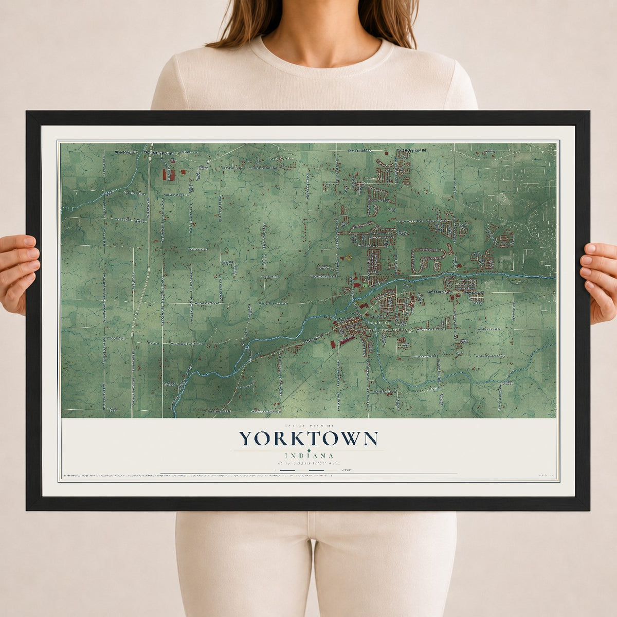 Map of Yorktown, Indiana, 18 x 24 inch print in a black wood frame