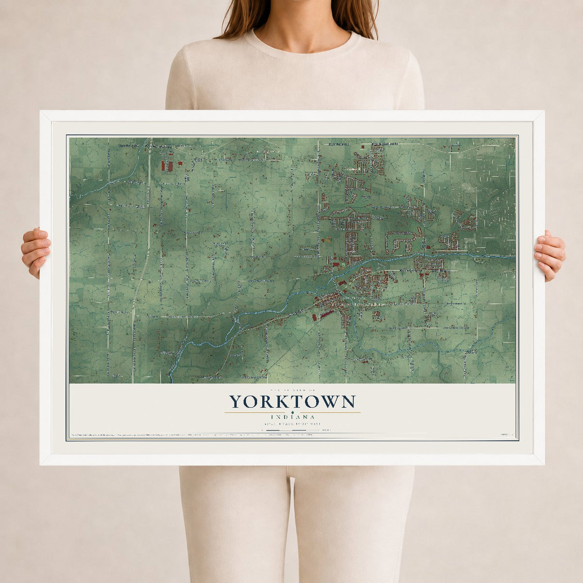 Map of Yorktown, Indiana, 24 x 36 inch print in a white wood frame