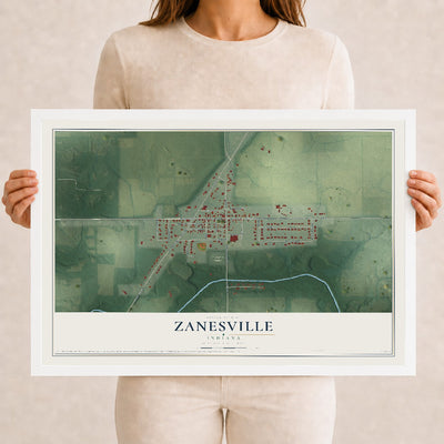 Map of Zanesville, Indiana, 12 x 18 inch print in a white wood frame