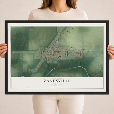 Map of Zanesville, Indiana, 18 x 24 inch print in a black wood frame