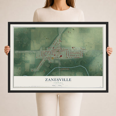 Map of Zanesville, Indiana, 24 x 36 inch print in a black wood frame