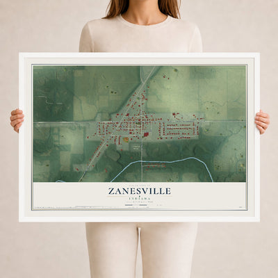 Map of Zanesville, Indiana, 24 x 36 inch print in a white wood frame
