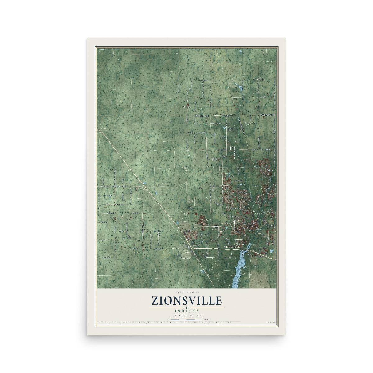 Map of Zionsville, Indiana, 12 x 18 inch unframed archival matte print