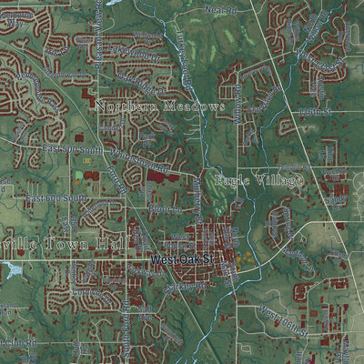Close-up of the map of Zionsville, Indiana print showing street and building detail