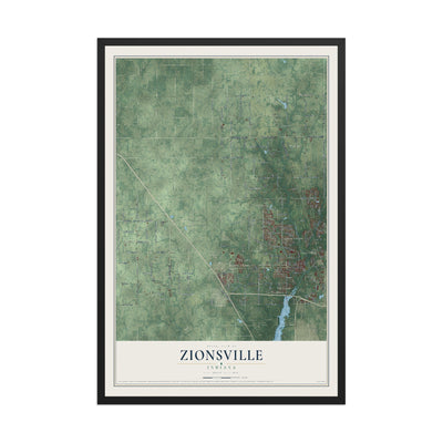 Map of Zionsville, Indiana, 12 x 18 inch print in a black wood frame