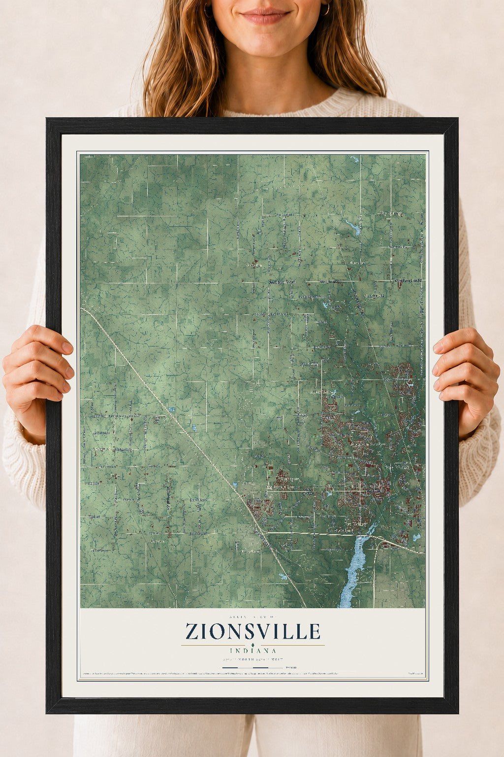 Map of Zionsville, Indiana, 18 x 24 inch print in a black wood frame
