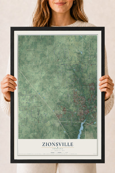 Map of Zionsville, Indiana, 18 x 24 inch print in a black wood frame