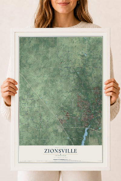 Map of Zionsville, Indiana, 18 x 24 inch print in a white wood frame