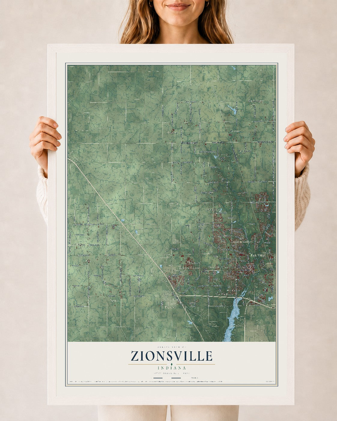Map of Zionsville, Indiana, 24 x 36 inch print in a white wood frame