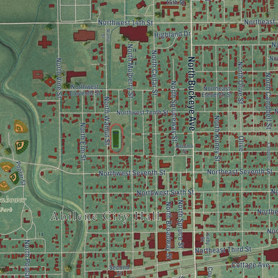Close-up of the map of Abilene, Kansas print showing street and building detail