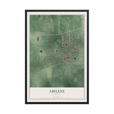 Map of Abilene, Kansas, 12 x 18 inch print in a black wood frame