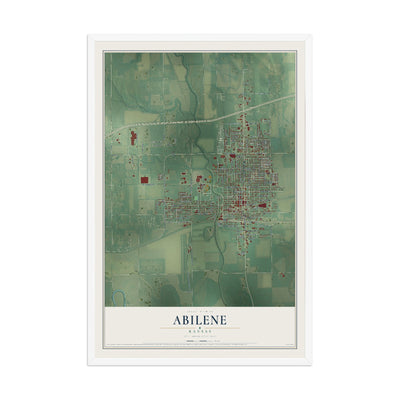 Map of Abilene, Kansas, 12 x 18 inch print in a white wood frame