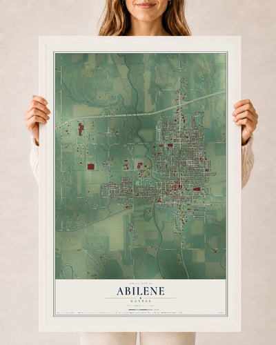 Map of Abilene, Kansas, 24 x 36 inch print in a white wood frame