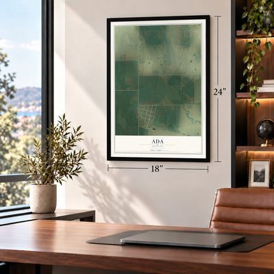 Ada, Kansas map, 18 x 24 inch print in a black frame in a home office