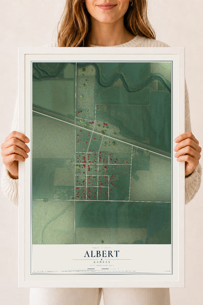 Map of Albert, Kansas, 18 x 24 inch print in a white wood frame