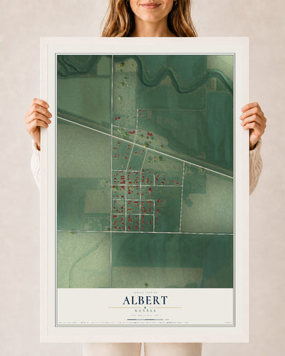 Map of Albert, Kansas, 24 x 36 inch print in a white wood frame