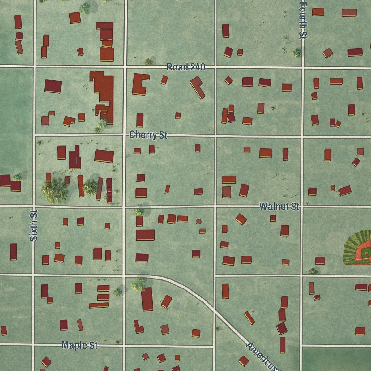 Close-up of the map of Americus, Kansas print showing street and building detail