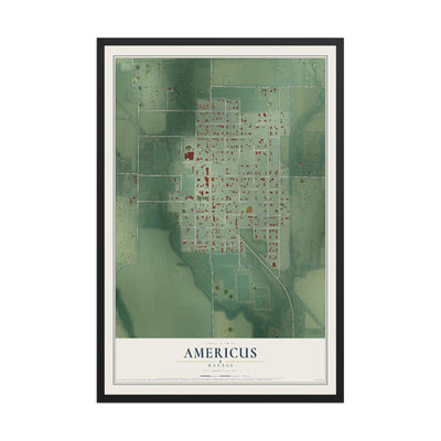 Map of Americus, Kansas, 12 x 18 inch print in a black wood frame