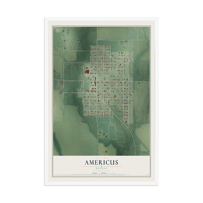 Map of Americus, Kansas, 12 x 18 inch print in a white wood frame