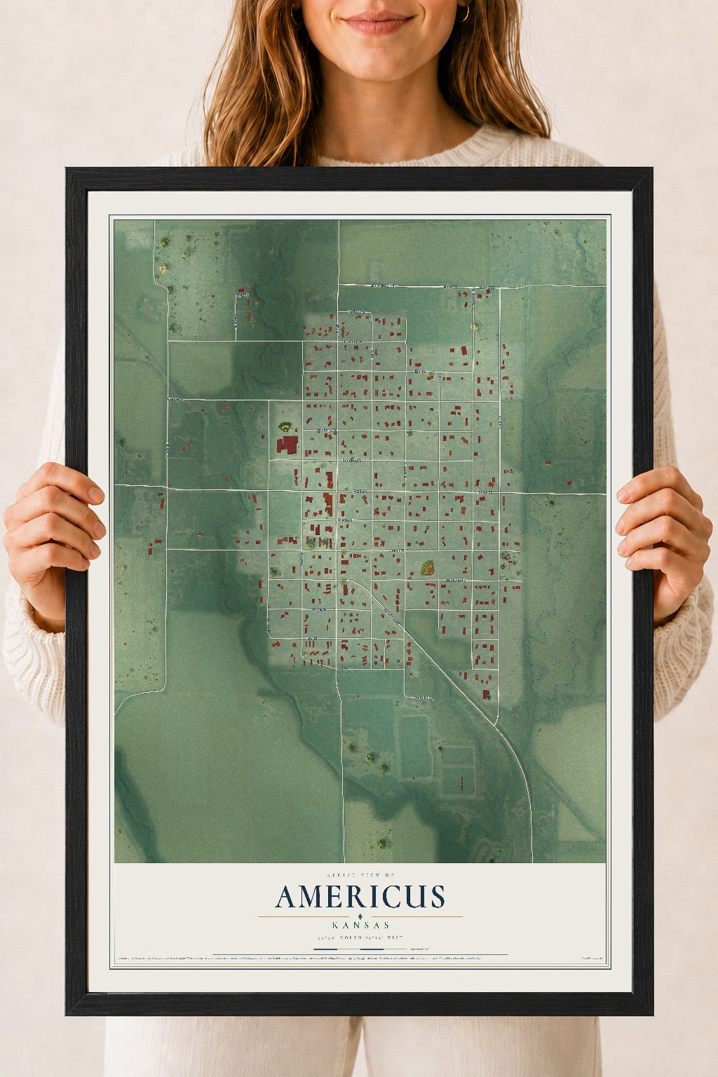 Map of Americus, Kansas, 18 x 24 inch print in a black wood frame