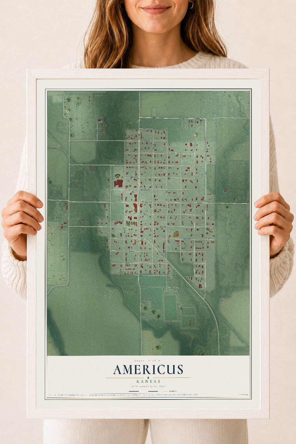Map of Americus, Kansas, 18 x 24 inch print in a white wood frame