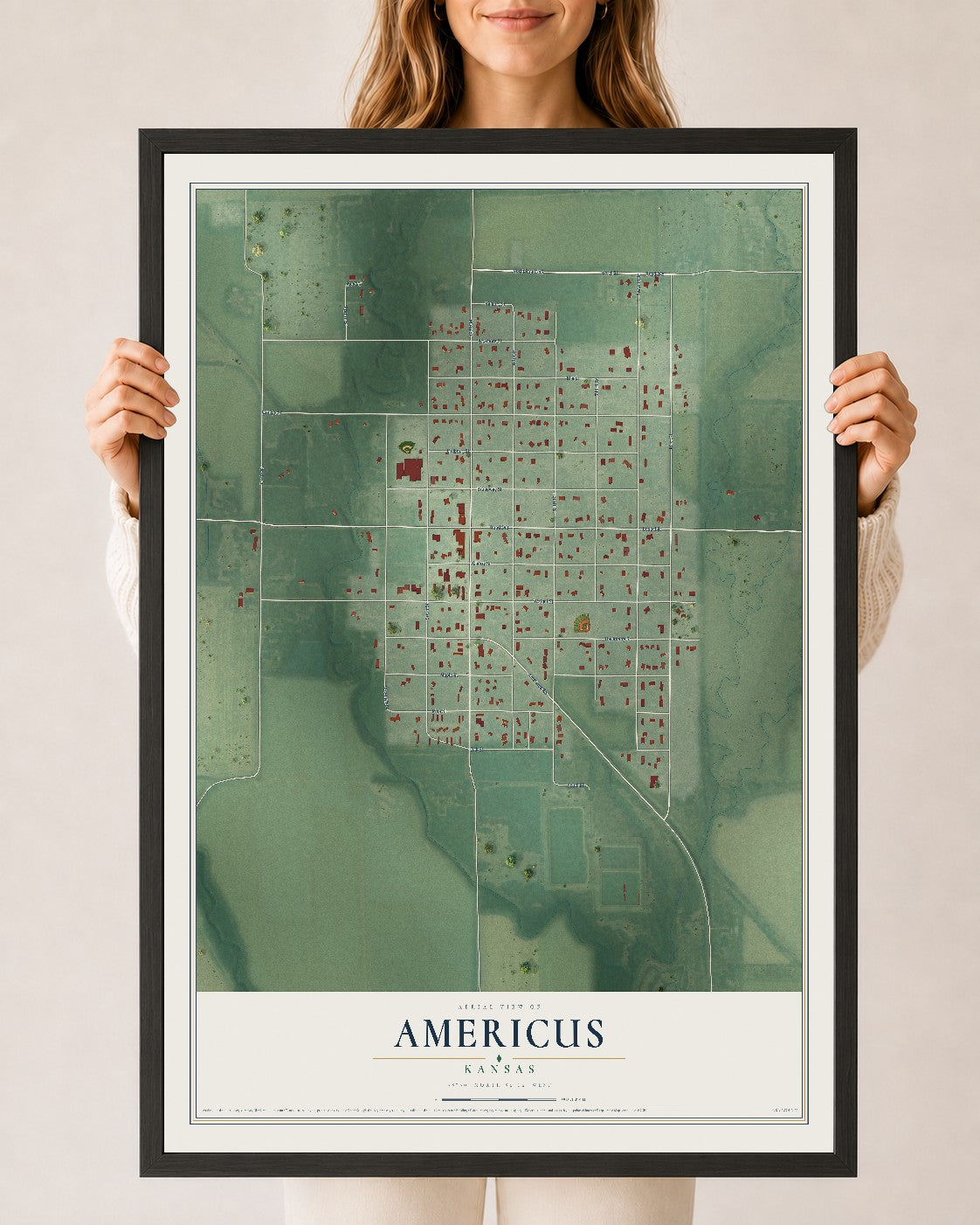 Map of Americus, Kansas, 24 x 36 inch print in a black wood frame