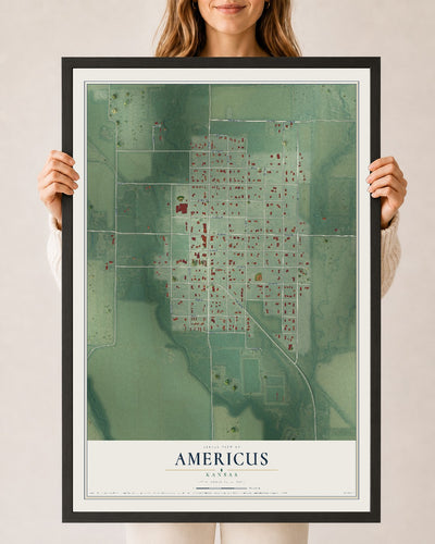 Map of Americus, Kansas, 24 x 36 inch print in a black wood frame