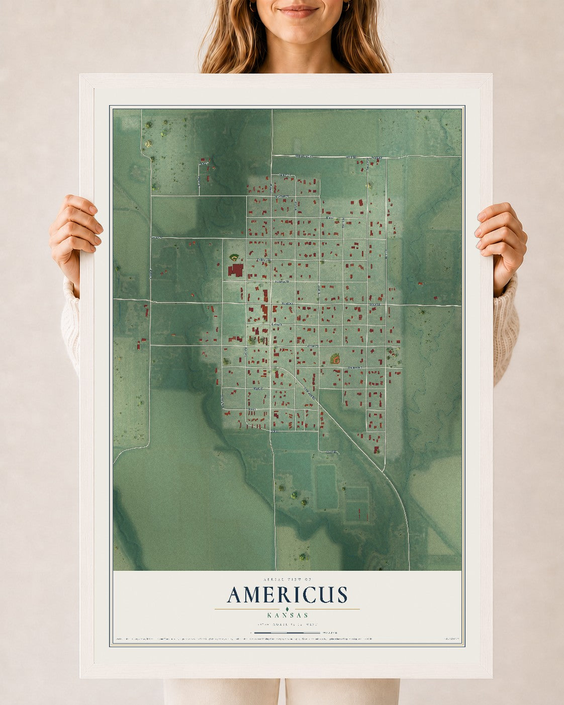 Map of Americus, Kansas, 24 x 36 inch print in a white wood frame