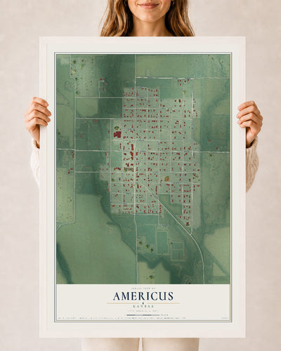 Map of Americus, Kansas, 24 x 36 inch print in a white wood frame