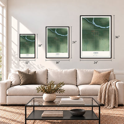 Ames, Kansas map in 12 x 18, 18 x 24 and 24 x 36 inch sizes above a sofa