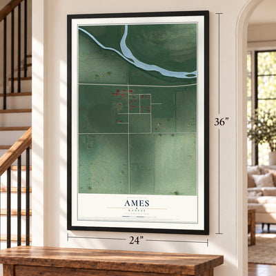 Ames, Kansas map, 24 x 36 inch print in a black frame by a staircase
