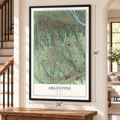 Argentine, Kansas map, 24 x 36 inch print in a black frame by a staircase