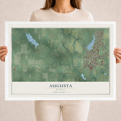 Map of Augusta, Kansas, 18 x 24 inch print in a white wood frame