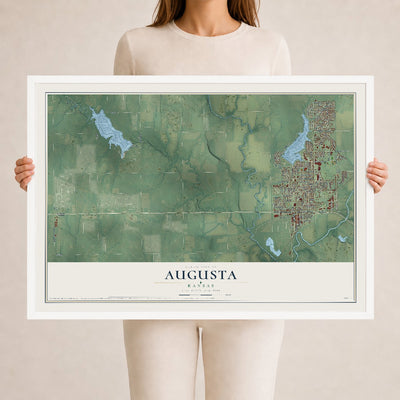 Map of Augusta, Kansas, 24 x 36 inch print in a white wood frame