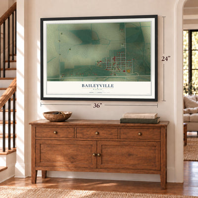 Baileyville, Kansas map, 24 x 36 inch print in a black frame above a dresser by a staircase
