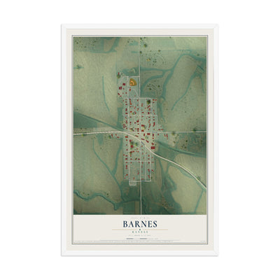 Map of Barnes, Kansas, 12 x 18 inch print in a white wood frame