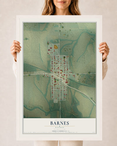 Map of Barnes, Kansas, 24 x 36 inch print in a white wood frame