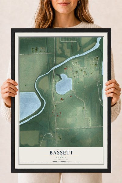 Map of Bassett, Kansas, 18 x 24 inch print in a black wood frame