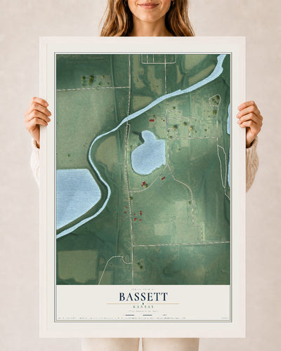 Map of Bassett, Kansas, 24 x 36 inch print in a white wood frame