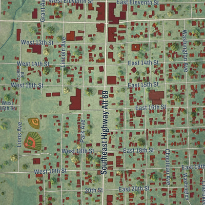 Close-up of the map of Baxter Springs, Kansas print showing street and building detail