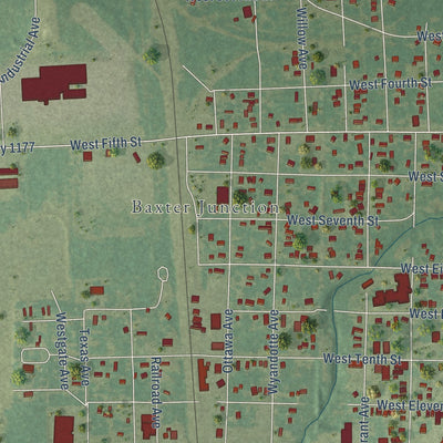 Second close-up of the map of Baxter Springs, Kansas print showing more streets and buildings