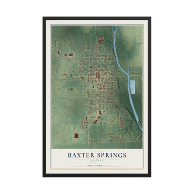 Map of Baxter Springs, Kansas, 12 x 18 inch print in a black wood frame