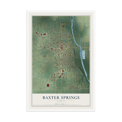 Map of Baxter Springs, Kansas, 12 x 18 inch print in a white wood frame