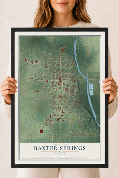 Map of Baxter Springs, Kansas, 18 x 24 inch print in a black wood frame