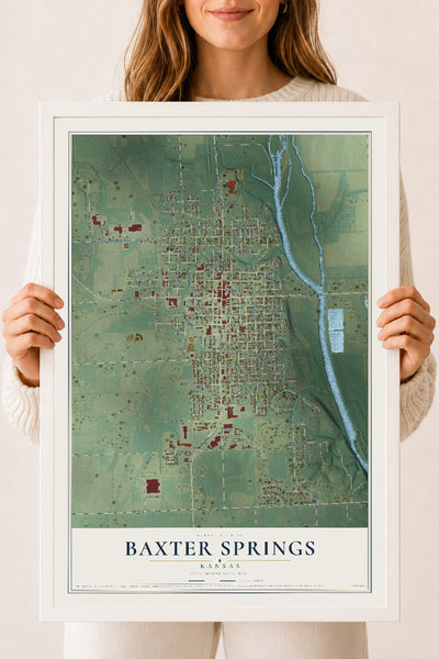 Map of Baxter Springs, Kansas, 18 x 24 inch print in a white wood frame