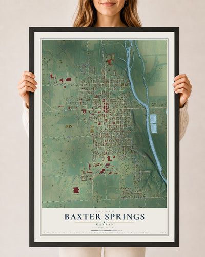 Map of Baxter Springs, Kansas, 24 x 36 inch print in a black wood frame