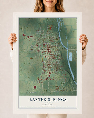 Map of Baxter Springs, Kansas, 24 x 36 inch print in a white wood frame