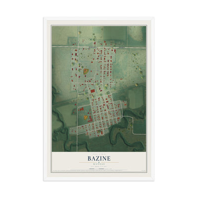 Map of Bazine, Kansas, 12 x 18 inch print in a white wood frame