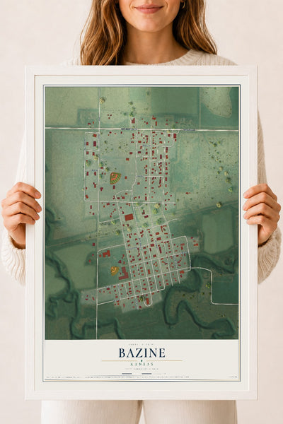 Map of Bazine, Kansas, 18 x 24 inch print in a white wood frame