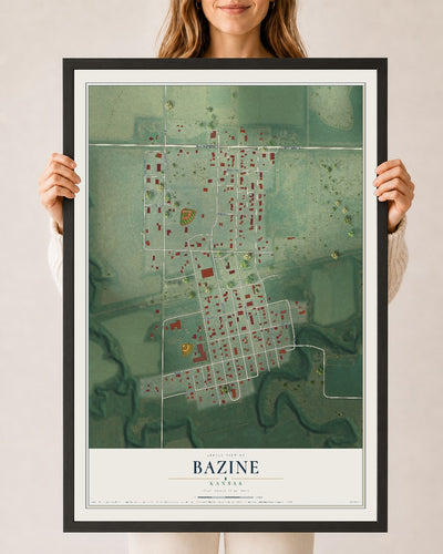Map of Bazine, Kansas, 24 x 36 inch print in a black wood frame